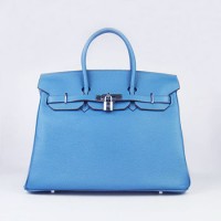 Hermes Birkin 35Cm Togo Leather Handbags Blue Silver